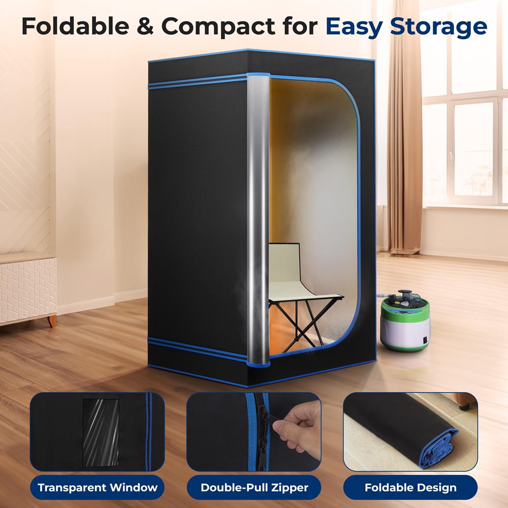 SereneLife Portable Sauna Box for Home, Steam Sauna Tent with Extra Large 4L Steamer - Includes Folding Sauna Chair, Remote Control w/ 9 Heat Levels for in-Home Spa - 2.95' x 2.95' x 5.9'