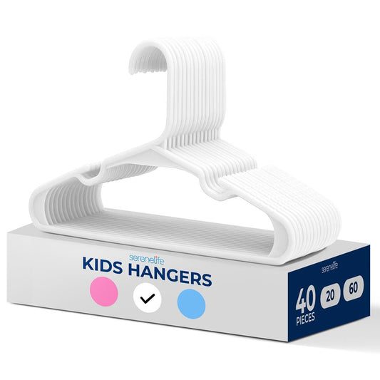 SereneLife 40 Pack Plastic Kids Hangers – Non-Slip Baby Hangers for Closet, Space-Saving Thin Design for Organizing Clothes, Infant, Toddler, and Newborn Clothing (White)