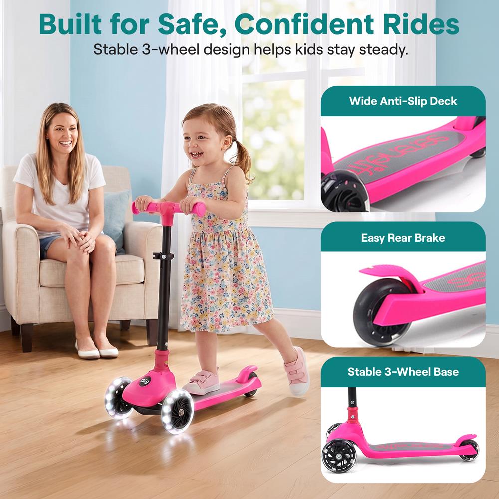 SereneLife 3-Wheel Foldable Kids Scooter – LED Wheel Lights, Adjustable Handlebar, Rear Foot Brake, Lean-to-Steer, Anti-Slip Deck – Ideal for Toddlers & Kids 3+, up to 110 lbs