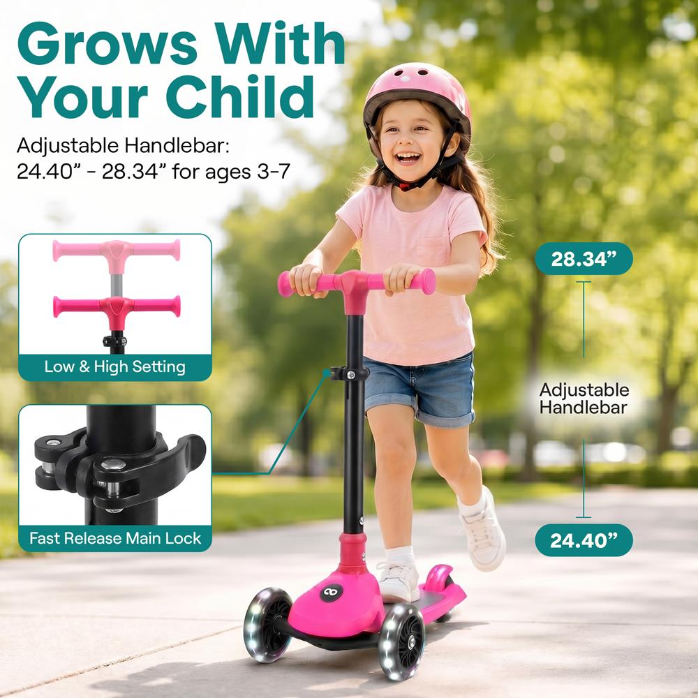 SereneLife 3-Wheel Foldable Kids Scooter – LED Wheel Lights, Adjustable Handlebar, Rear Foot Brake, Lean-to-Steer, Anti-Slip Deck – Ideal for Toddlers & Kids 3+, up to 110 lbs