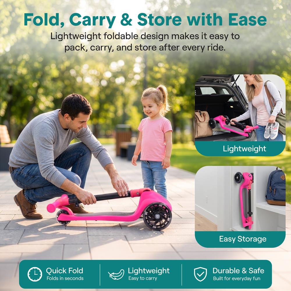 SereneLife 3-Wheel Foldable Kids Scooter – LED Wheel Lights, Adjustable Handlebar, Rear Foot Brake, Lean-to-Steer, Anti-Slip Deck – Ideal for Toddlers & Kids 3+, up to 110 lbs