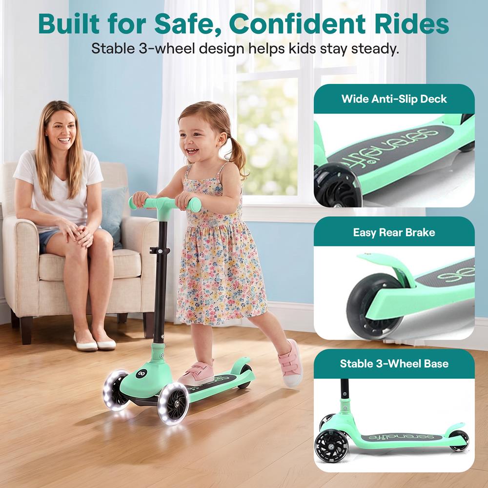 SereneLife 3-Wheel Foldable Kids Scooter – LED Wheel Lights, Adjustable Handlebar, Rear Foot Brake, Lean-to-Steer, Anti-Slip Deck – Ideal for Toddlers & Kids 3+, up to 110 lbs