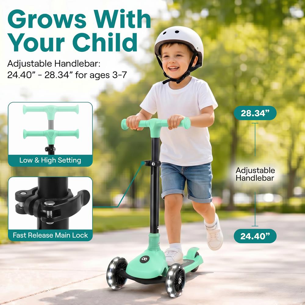 SereneLife 3-Wheel Foldable Kids Scooter – LED Wheel Lights, Adjustable Handlebar, Rear Foot Brake, Lean-to-Steer, Anti-Slip Deck – Ideal for Toddlers & Kids 3+, up to 110 lbs