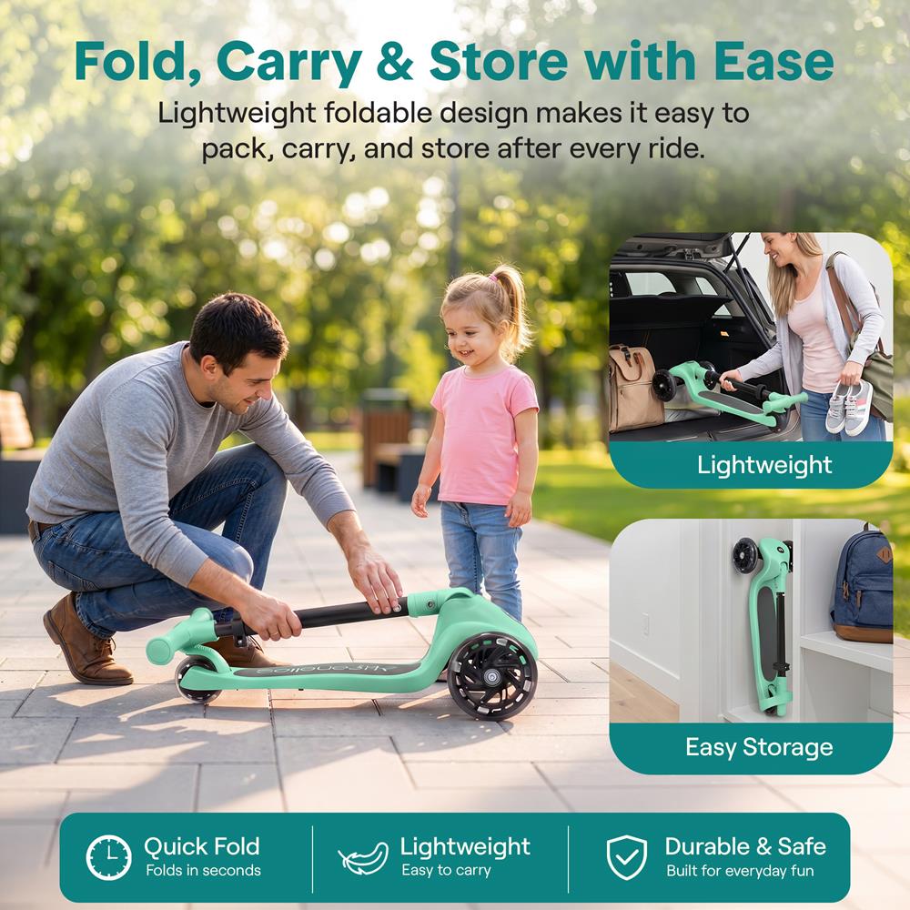 SereneLife 3-Wheel Foldable Kids Scooter – LED Wheel Lights, Adjustable Handlebar, Rear Foot Brake, Lean-to-Steer, Anti-Slip Deck – Ideal for Toddlers & Kids 3+, up to 110 lbs