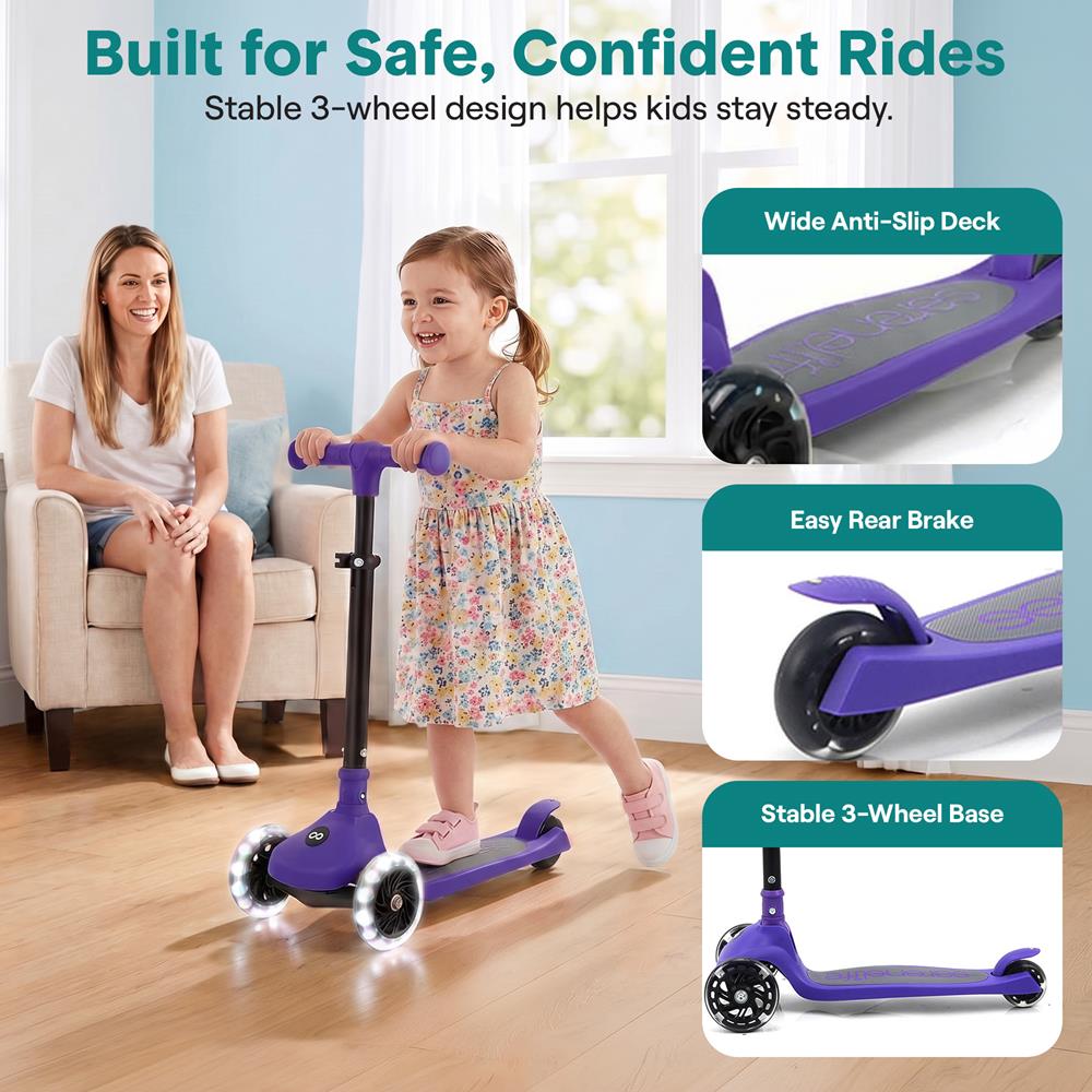 SereneLife 3-Wheel Foldable Kids Scooter – LED Wheel Lights, Adjustable Handlebar, Rear Foot Brake, Lean-to-Steer, Anti-Slip Deck – Ideal for Toddlers & Kids 3+, up to 110 lbs