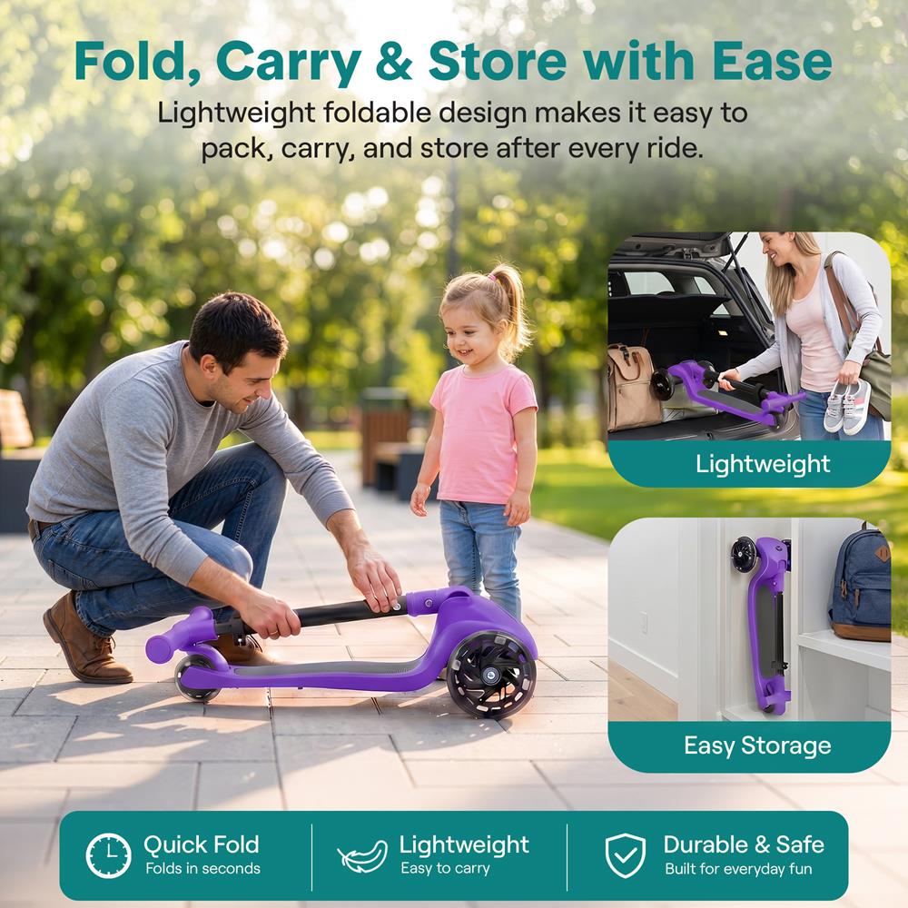 SereneLife 3-Wheel Foldable Kids Scooter – LED Wheel Lights, Adjustable Handlebar, Rear Foot Brake, Lean-to-Steer, Anti-Slip Deck – Ideal for Toddlers & Kids 3+, up to 110 lbs