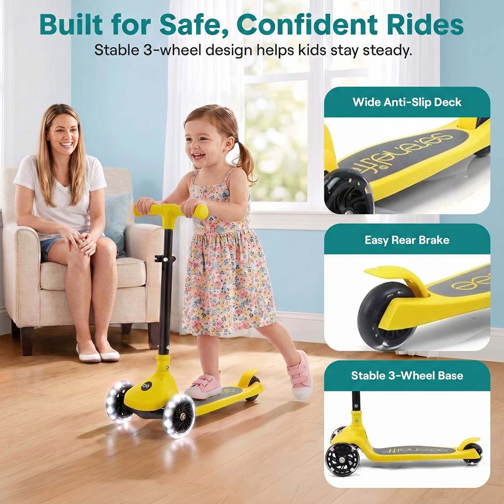 SereneLife 3-Wheel Foldable Kids Scooter – LED Wheel Lights, Adjustable Handlebar, Rear Foot Brake, Lean-to-Steer, Anti-Slip Deck – Ideal for Toddlers & Kids 3+, up to 110 lbs