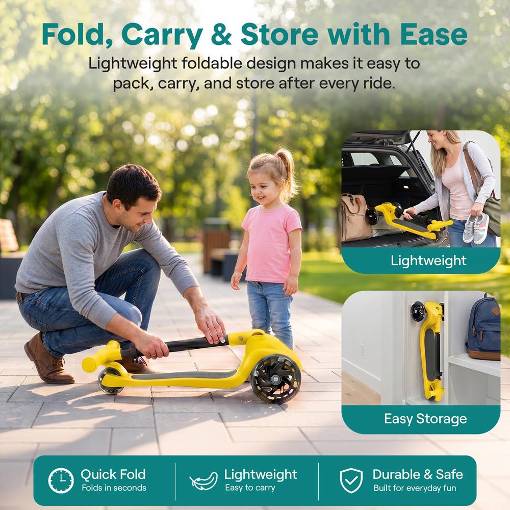 SereneLife 3-Wheel Foldable Kids Scooter – LED Wheel Lights, Adjustable Handlebar, Rear Foot Brake, Lean-to-Steer, Anti-Slip Deck – Ideal for Toddlers & Kids 3+, up to 110 lbs