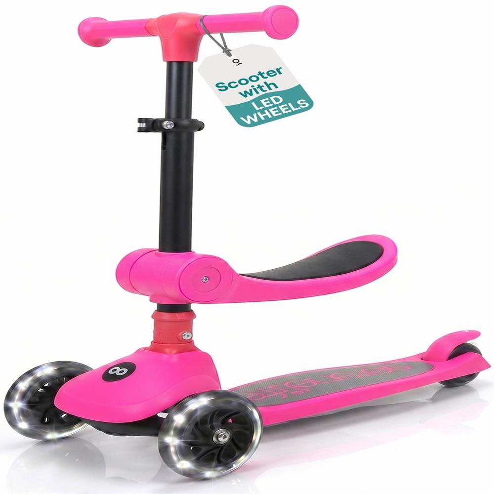 SereneLife 3 Wheel Foldable Kids Scooter - Foldable Seat, LED Wheel Lights, Adjustable Handlebar, Rear Foot Brake, Lean-to-Steer, Anti-Slip Deck, Ideal for Toddlers Kids 3+, up to 110Lbs, Pink
