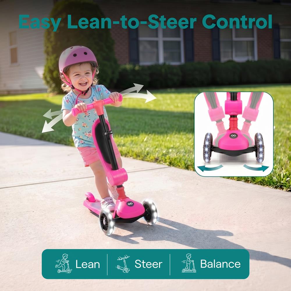 SereneLife 3 Wheel Foldable Kids Scooter - Foldable Seat, LED Wheel Lights, Adjustable Handlebar, Rear Foot Brake, Lean-to-Steer, Anti-Slip Deck, Ideal for Toddlers Kids 3+, up to 110Lbs, Pink