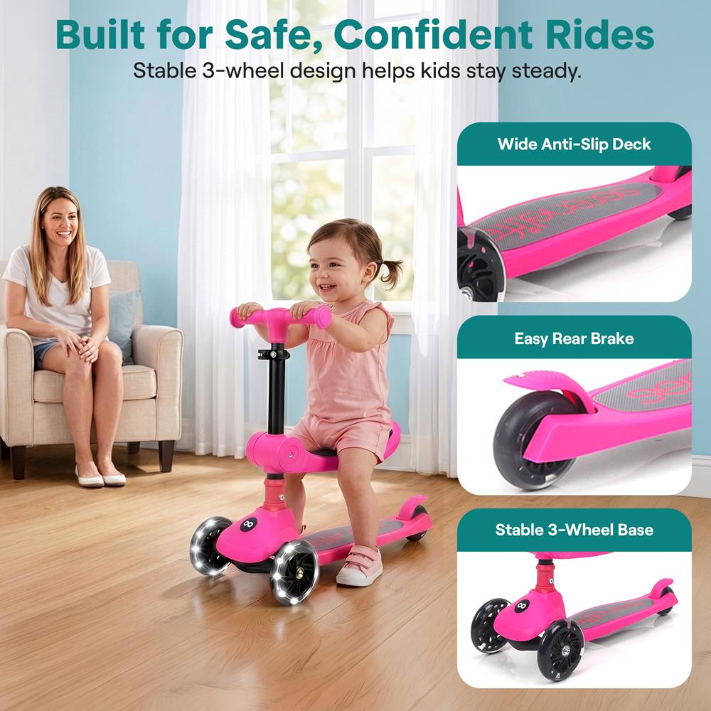 SereneLife 3 Wheel Foldable Kids Scooter - Foldable Seat, LED Wheel Lights, Adjustable Handlebar, Rear Foot Brake, Lean-to-Steer, Anti-Slip Deck, Ideal for Toddlers Kids 3+, up to 110Lbs, Pink