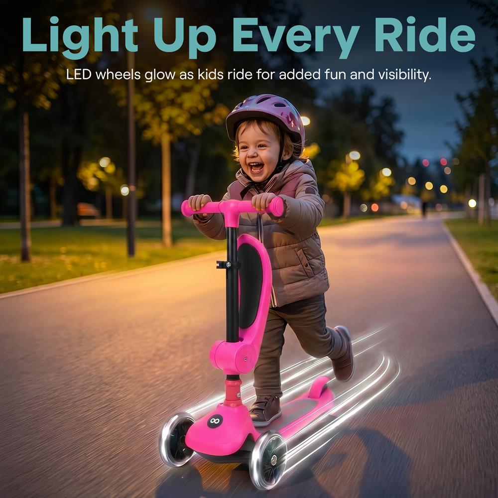 SereneLife 3 Wheel Foldable Kids Scooter - Foldable Seat, LED Wheel Lights, Adjustable Handlebar, Rear Foot Brake, Lean-to-Steer, Anti-Slip Deck, Ideal for Toddlers Kids 3+, up to 110Lbs, Pink