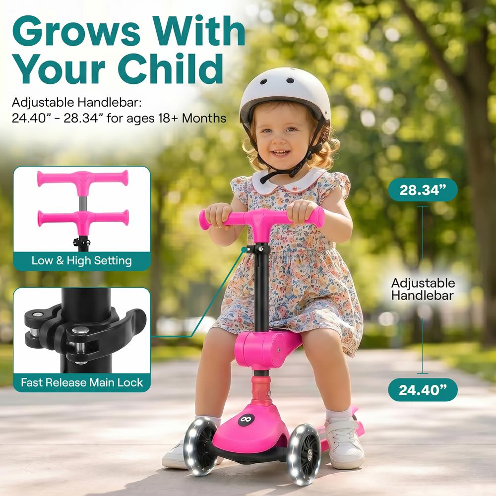 SereneLife 3 Wheel Foldable Kids Scooter - Foldable Seat, LED Wheel Lights, Adjustable Handlebar, Rear Foot Brake, Lean-to-Steer, Anti-Slip Deck, Ideal for Toddlers Kids 3+, up to 110Lbs, Pink