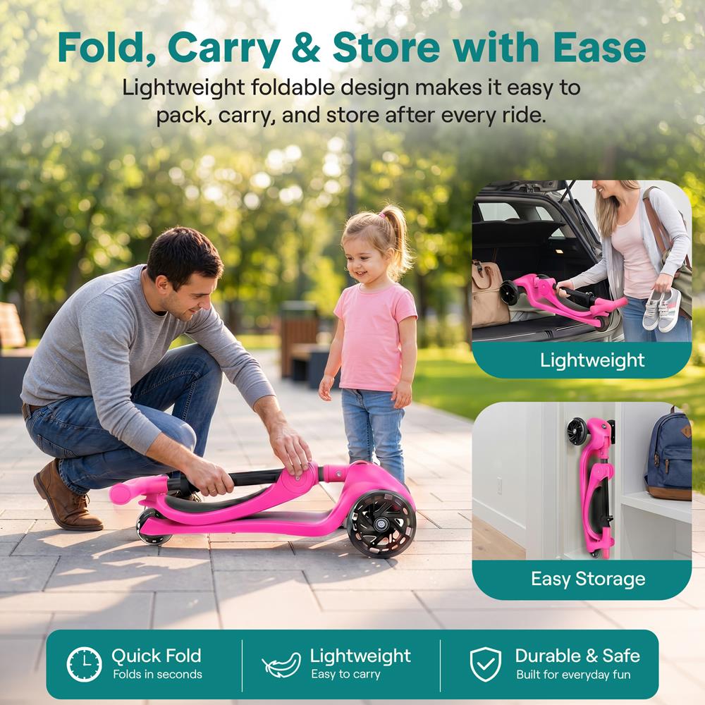 SereneLife 3 Wheel Foldable Kids Scooter - Foldable Seat, LED Wheel Lights, Adjustable Handlebar, Rear Foot Brake, Lean-to-Steer, Anti-Slip Deck, Ideal for Toddlers Kids 3+, up to 110Lbs, Pink