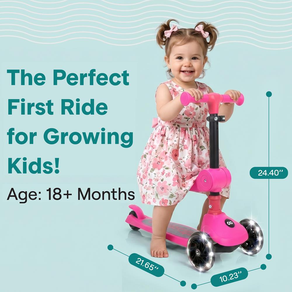 SereneLife 3 Wheel Foldable Kids Scooter - Foldable Seat, LED Wheel Lights, Adjustable Handlebar, Rear Foot Brake, Lean-to-Steer, Anti-Slip Deck, Ideal for Toddlers Kids 3+, up to 110Lbs, Pink