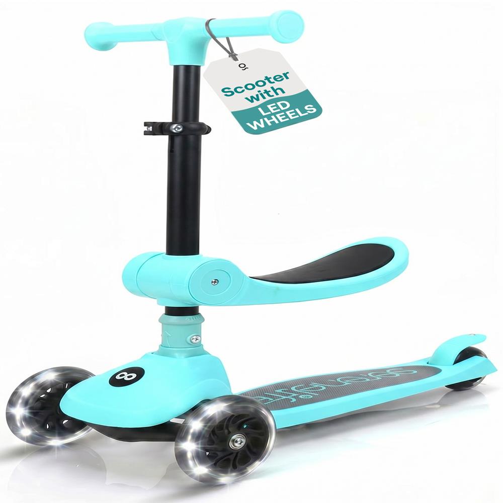 SereneLife 3 Wheel Foldable Kids Scooter - Foldable Seat, LED Wheel Lights, Adjustable Handlebar, Rear Foot Brake, Lean-to-Steer, Anti-Slip Deck, Ideal for Toddlers Kids 3+, up to 110Lbs, Aqua