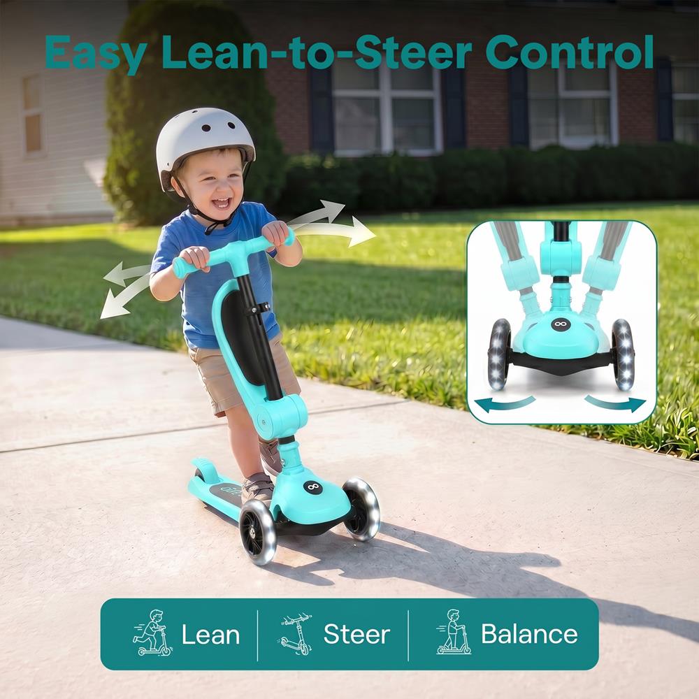 SereneLife 3 Wheel Foldable Kids Scooter - Foldable Seat, LED Wheel Lights, Adjustable Handlebar, Rear Foot Brake, Lean-to-Steer, Anti-Slip Deck, Ideal for Toddlers Kids 3+, up to 110Lbs, Aqua