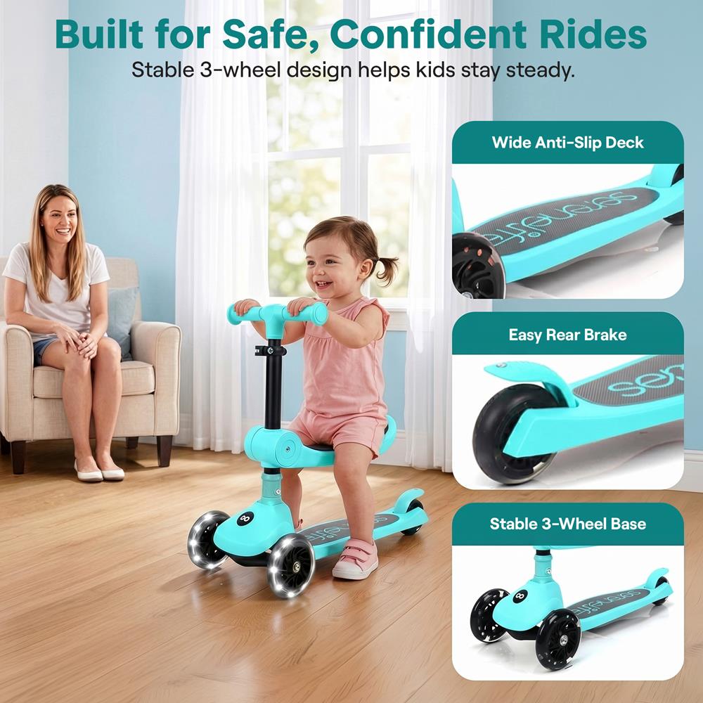 SereneLife 3 Wheel Foldable Kids Scooter - Foldable Seat, LED Wheel Lights, Adjustable Handlebar, Rear Foot Brake, Lean-to-Steer, Anti-Slip Deck, Ideal for Toddlers Kids 3+, up to 110Lbs, Aqua
