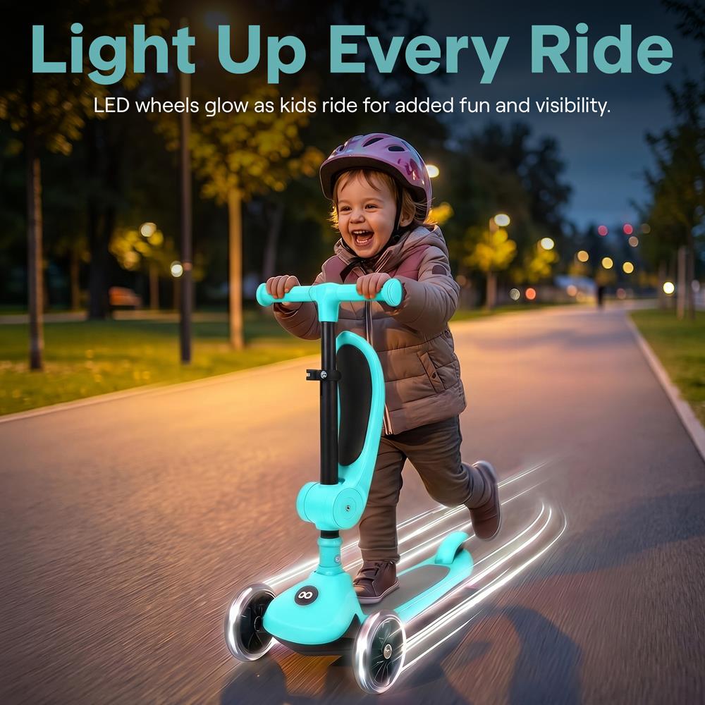 SereneLife 3 Wheel Foldable Kids Scooter - Foldable Seat, LED Wheel Lights, Adjustable Handlebar, Rear Foot Brake, Lean-to-Steer, Anti-Slip Deck, Ideal for Toddlers Kids 3+, up to 110Lbs, Aqua