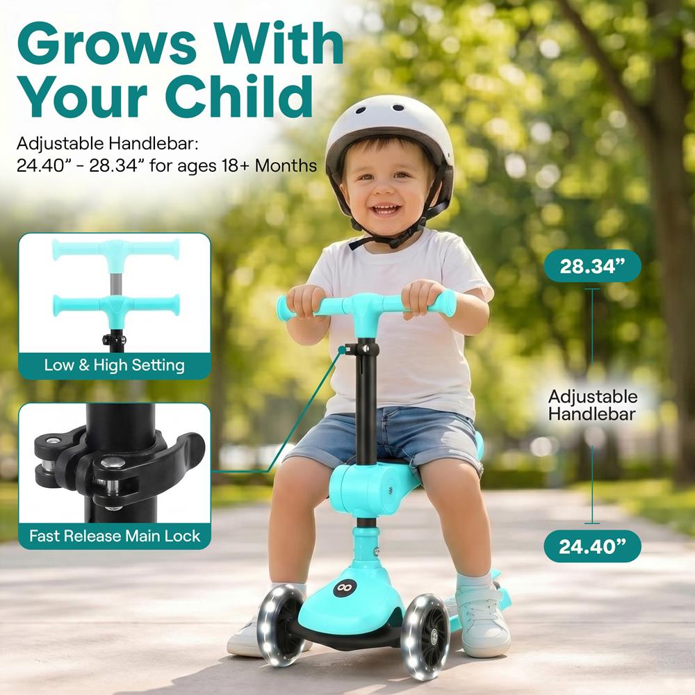 SereneLife 3 Wheel Foldable Kids Scooter - Foldable Seat, LED Wheel Lights, Adjustable Handlebar, Rear Foot Brake, Lean-to-Steer, Anti-Slip Deck, Ideal for Toddlers Kids 3+, up to 110Lbs, Aqua