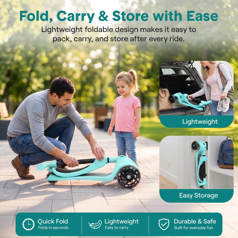 SereneLife 3 Wheel Foldable Kids Scooter - Foldable Seat, LED Wheel Lights, Adjustable Handlebar, Rear Foot Brake, Lean-to-Steer, Anti-Slip Deck, Ideal for Toddlers Kids 3+, up to 110Lbs, Aqua