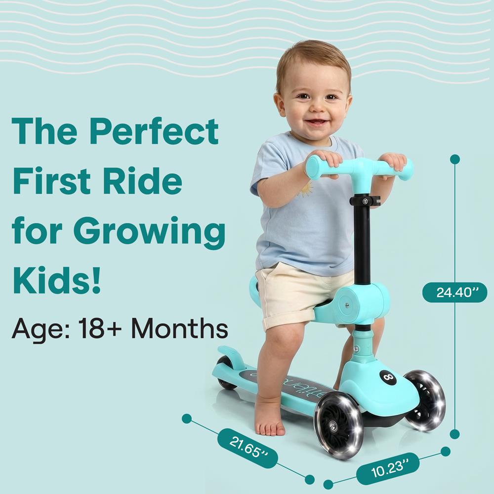 SereneLife 3 Wheel Foldable Kids Scooter - Foldable Seat, LED Wheel Lights, Adjustable Handlebar, Rear Foot Brake, Lean-to-Steer, Anti-Slip Deck, Ideal for Toddlers Kids 3+, up to 110Lbs, Aqua