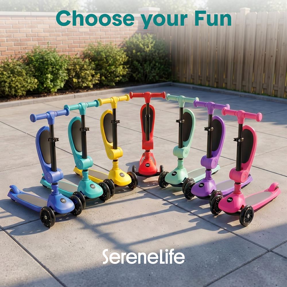 SereneLife 3 Wheel Foldable Kids Scooter - Foldable Seat, LED Wheel Lights, Adjustable Handlebar, Rear Foot Brake, Lean-to-Steer, Anti-Slip Deck, Ideal for Toddlers Kids 3+, up to 110Lbs, Aqua