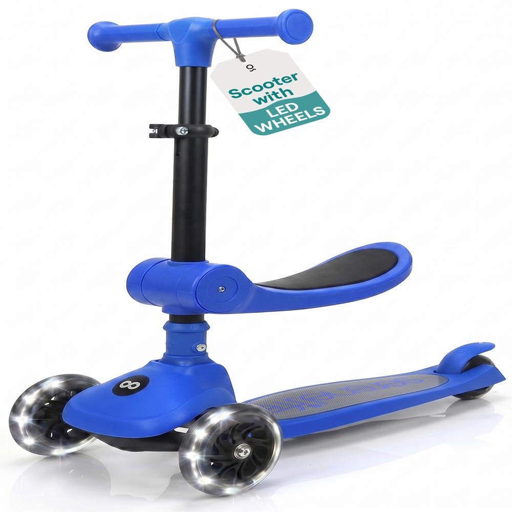 SereneLife 3 Wheel Foldable Kids Scooter - Foldable Seat, LED Wheel Lights, Adjustable Handlebar, Rear Foot Brake, Lean-to-Steer, Anti-Slip Deck, Ideal for Toddlers Kids 3+, up to 110Lbs, Blue