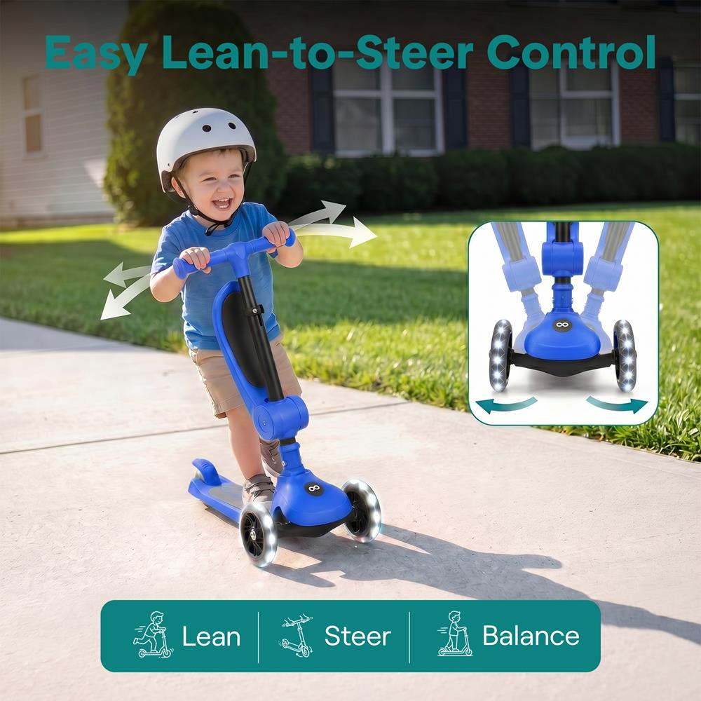 SereneLife 3 Wheel Foldable Kids Scooter - Foldable Seat, LED Wheel Lights, Adjustable Handlebar, Rear Foot Brake, Lean-to-Steer, Anti-Slip Deck, Ideal for Toddlers Kids 3+, up to 110Lbs, Blue