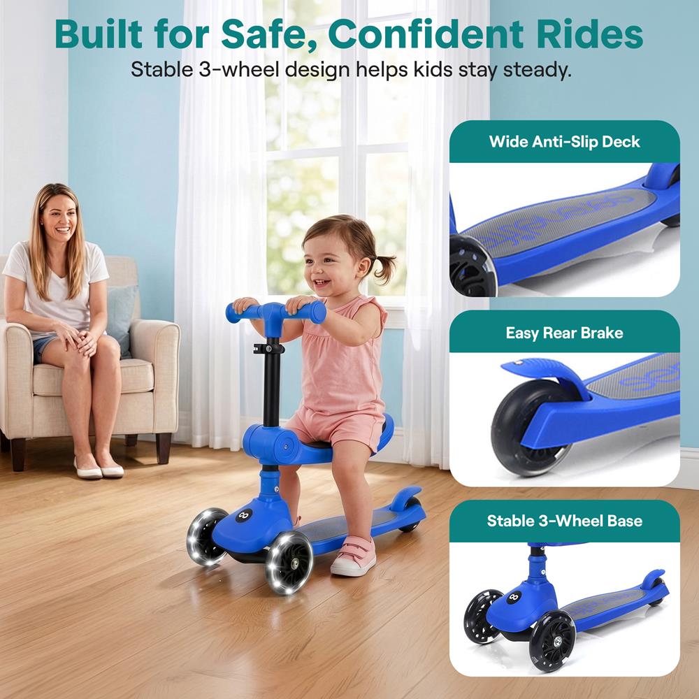 SereneLife 3 Wheel Foldable Kids Scooter - Foldable Seat, LED Wheel Lights, Adjustable Handlebar, Rear Foot Brake, Lean-to-Steer, Anti-Slip Deck, Ideal for Toddlers Kids 3+, up to 110Lbs, Blue