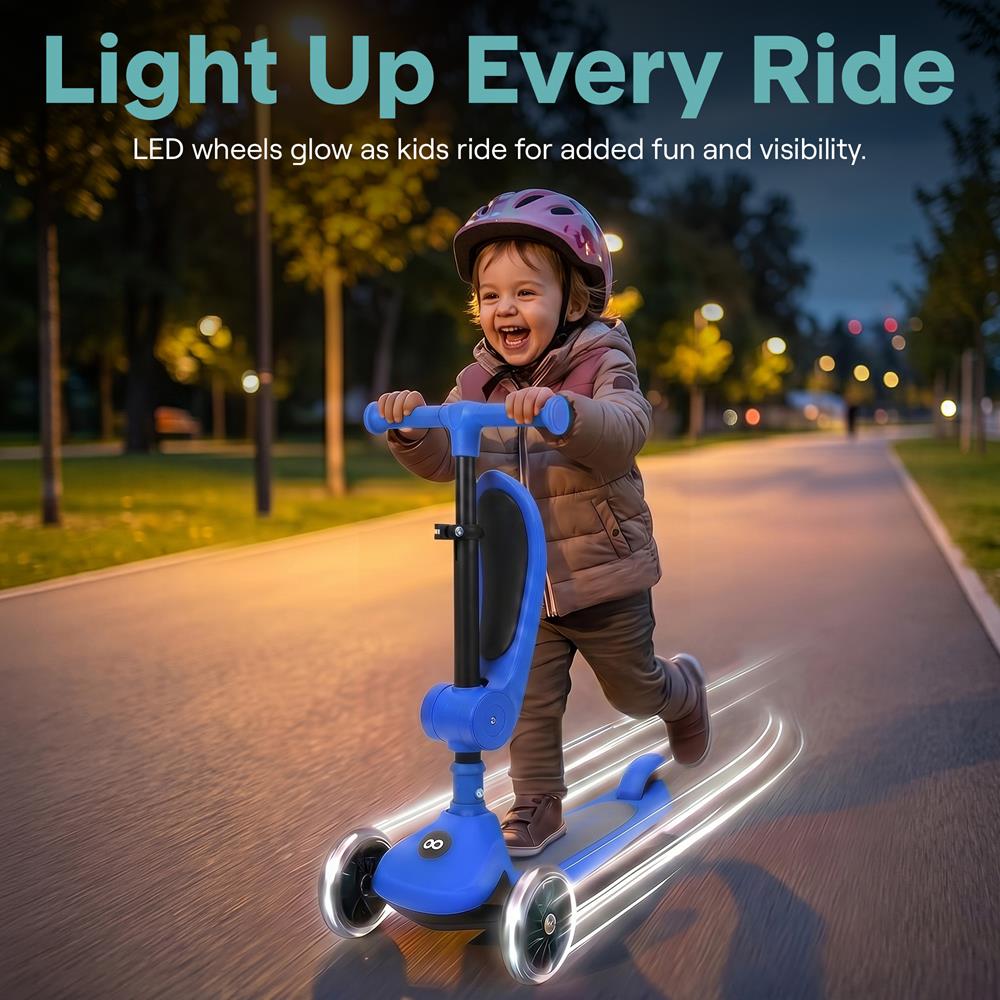 SereneLife 3 Wheel Foldable Kids Scooter - Foldable Seat, LED Wheel Lights, Adjustable Handlebar, Rear Foot Brake, Lean-to-Steer, Anti-Slip Deck, Ideal for Toddlers Kids 3+, up to 110Lbs, Blue