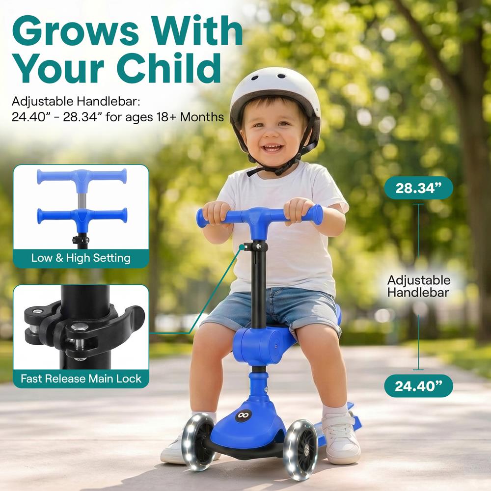 SereneLife 3 Wheel Foldable Kids Scooter - Foldable Seat, LED Wheel Lights, Adjustable Handlebar, Rear Foot Brake, Lean-to-Steer, Anti-Slip Deck, Ideal for Toddlers Kids 3+, up to 110Lbs, Blue
