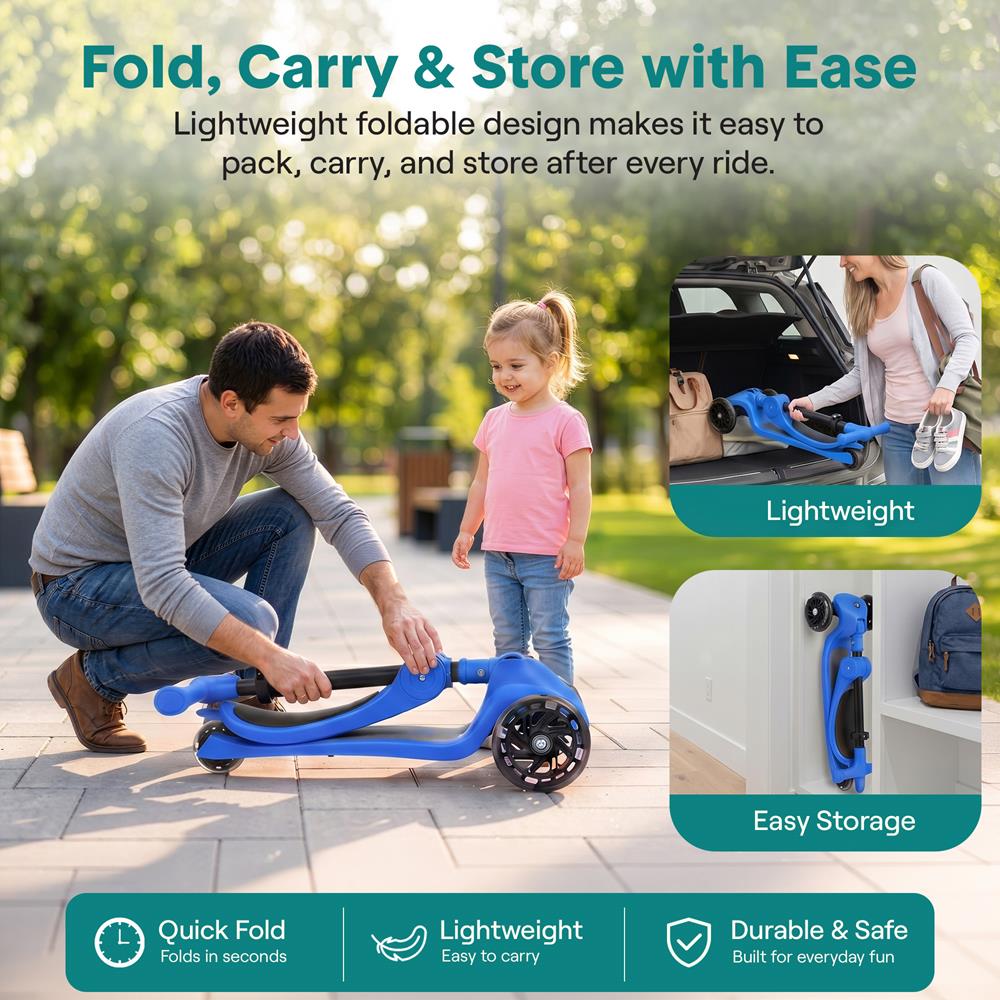 SereneLife 3 Wheel Foldable Kids Scooter - Foldable Seat, LED Wheel Lights, Adjustable Handlebar, Rear Foot Brake, Lean-to-Steer, Anti-Slip Deck, Ideal for Toddlers Kids 3+, up to 110Lbs, Blue