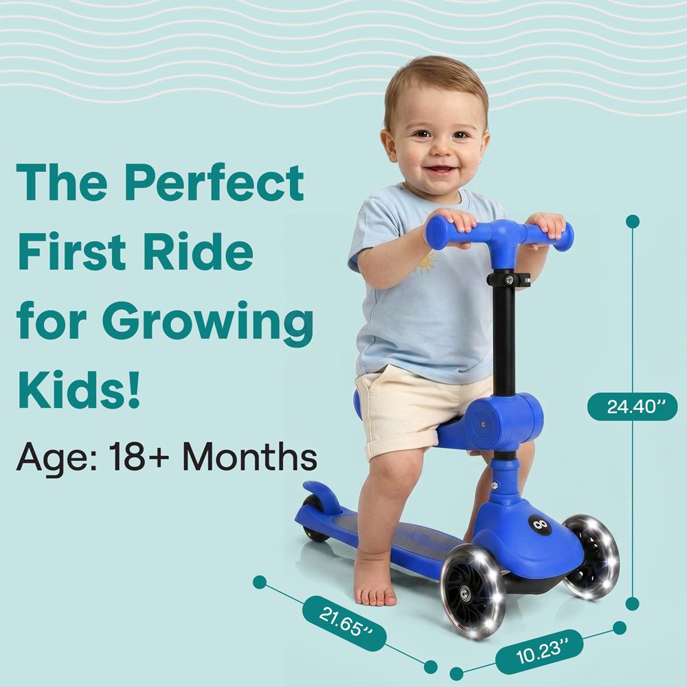 SereneLife 3 Wheel Foldable Kids Scooter - Foldable Seat, LED Wheel Lights, Adjustable Handlebar, Rear Foot Brake, Lean-to-Steer, Anti-Slip Deck, Ideal for Toddlers Kids 3+, up to 110Lbs, Blue
