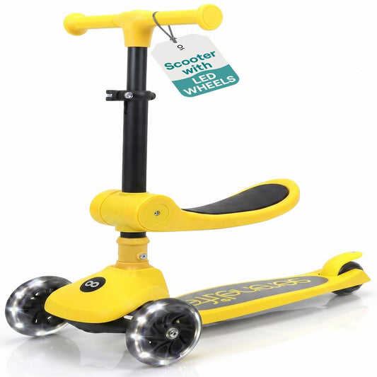 SereneLife 3 Wheel Foldable Kids Scooter - Foldable Seat, LED Wheel Lights, Adjustable Handlebar, Rear Foot Brake, Lean-to-Steer, Anti-Slip Deck, Ideal for Toddlers Kids 3+, up to 110Lbs, Yellow