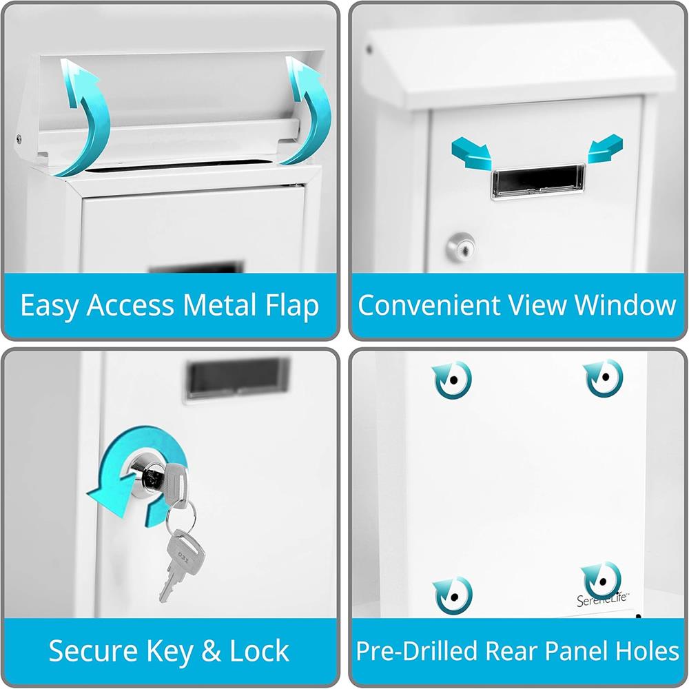Serenelife Weatherproof Wall Mount Locking Mailbox Galvanized Steel Drop Box with Metal Flap for Mail Letters, Newspaper, Money Box, Decorative Mailboxes for Outside, Home Office, Businesses