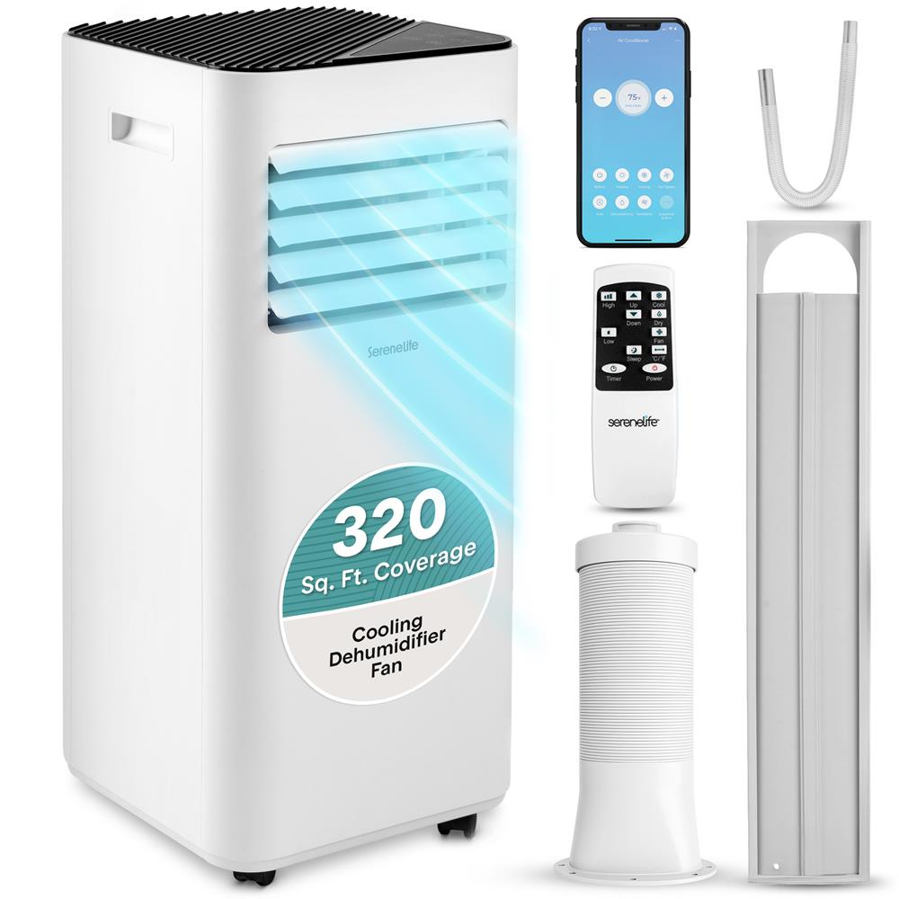 SereneLife 10000 BTU Portable Air Conditioner - 3-in-1 Portable AC Unit for Bedroom Up to 300 Sq.Ft, 24H Timer, Remote Control, Sleep Mode, Wheels, with Window Mount Kit, White