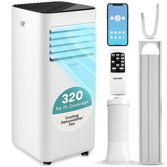 SereneLife 10000 BTU Portable Air Conditioner - 3-in-1 Portable AC Unit for Bedroom Up to 300 Sq.Ft, 24H Timer, Remote Control, Sleep Mode, Wheels, with Window Mount Kit, White
