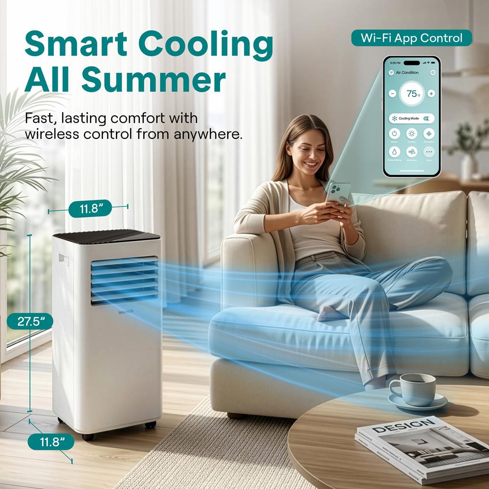 SereneLife 10000 BTU Portable Air Conditioner - 3-in-1 Portable AC Unit for Bedroom Up to 300 Sq.Ft, 24H Timer, Remote Control, Sleep Mode, Wheels, with Window Mount Kit, White