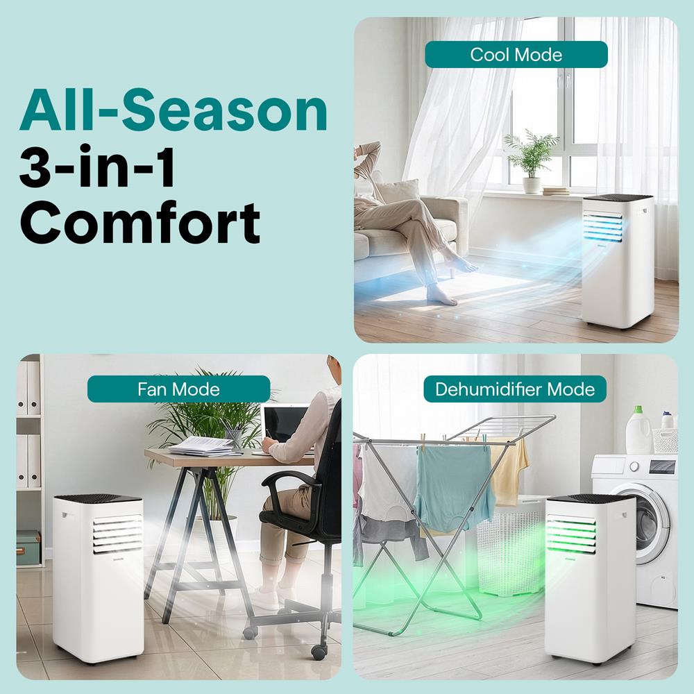 SereneLife 10000 BTU Portable Air Conditioner - 3-in-1 Portable AC Unit for Bedroom Up to 300 Sq.Ft, 24H Timer, Remote Control, Sleep Mode, Wheels, with Window Mount Kit, White