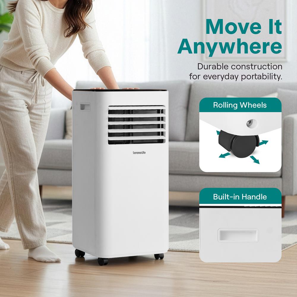 SereneLife 10000 BTU Portable Air Conditioner - 3-in-1 Portable AC Unit for Bedroom Up to 300 Sq.Ft, 24H Timer, Remote Control, Sleep Mode, Wheels, with Window Mount Kit, White