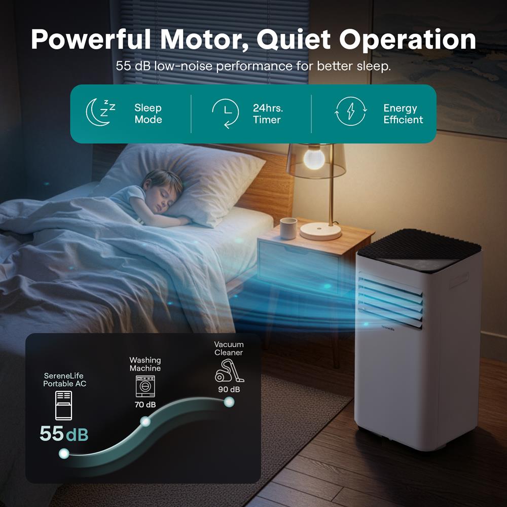 SereneLife 10000 BTU Portable Air Conditioner - 3-in-1 Portable AC Unit for Bedroom Up to 300 Sq.Ft, 24H Timer, Remote Control, Sleep Mode, Wheels, with Window Mount Kit, White