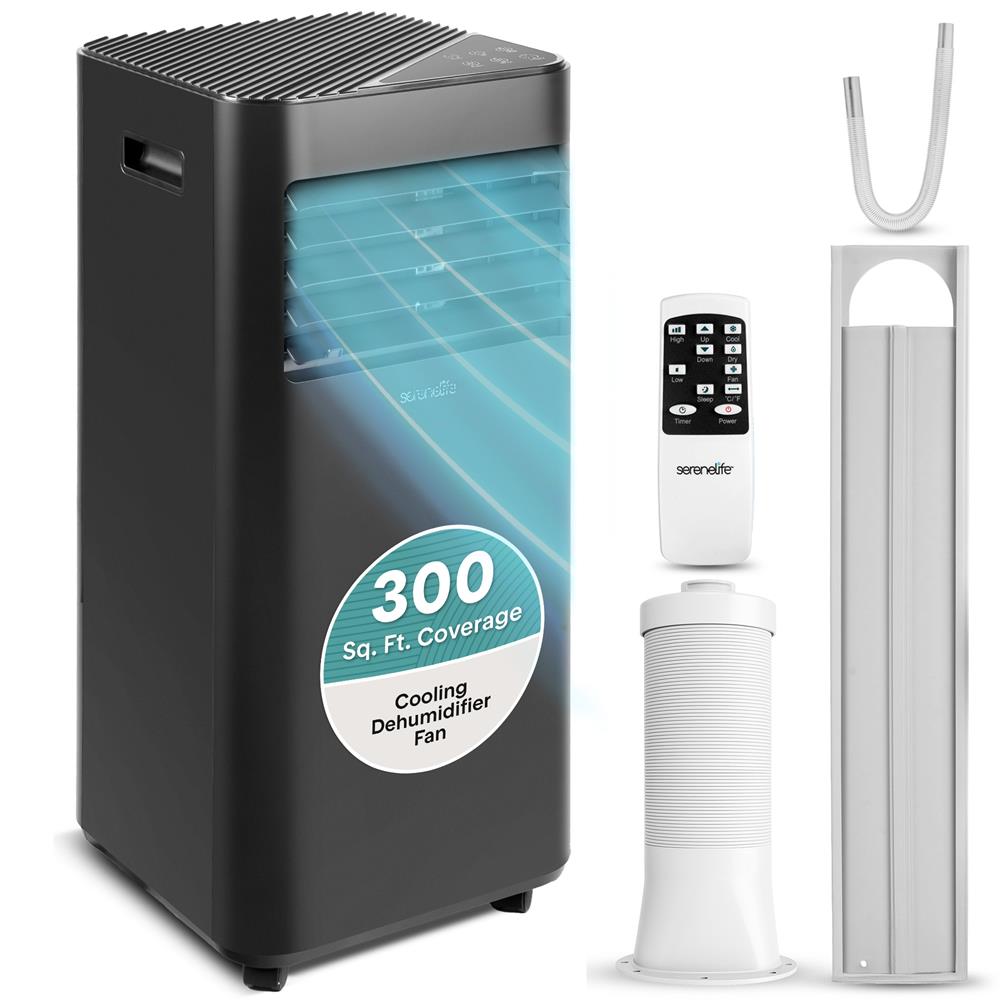 SereneLife 8000 BTU Portable Air Conditioner - 3-in-1 Portable AC Unit for Bedroom Up to 300 Sq.Ft, 24H Timer, Remote Control, Sleep Mode, Wheels, with Window Mount Kit, Black