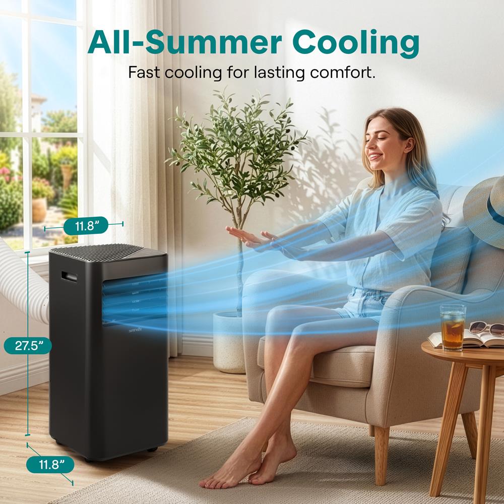 SereneLife 8000 BTU Portable Air Conditioner - 3-in-1 Portable AC Unit for Bedroom Up to 300 Sq.Ft, 24H Timer, Remote Control, Sleep Mode, Wheels, with Window Mount Kit, Black