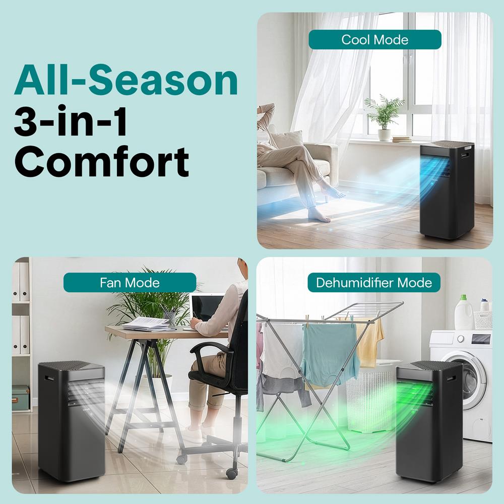 SereneLife 8000 BTU Portable Air Conditioner - 3-in-1 Portable AC Unit for Bedroom Up to 300 Sq.Ft, 24H Timer, Remote Control, Sleep Mode, Wheels, with Window Mount Kit, Black
