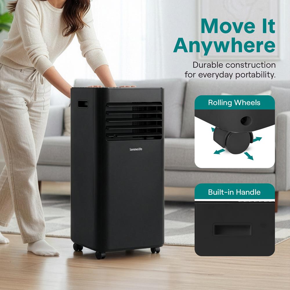 SereneLife 8000 BTU Portable Air Conditioner - 3-in-1 Portable AC Unit for Bedroom Up to 300 Sq.Ft, 24H Timer, Remote Control, Sleep Mode, Wheels, with Window Mount Kit, Black