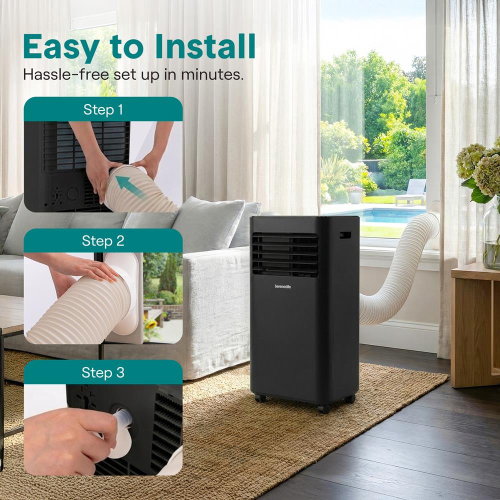SereneLife 8000 BTU Portable Air Conditioner - 3-in-1 Portable AC Unit for Bedroom Up to 300 Sq.Ft, 24H Timer, Remote Control, Sleep Mode, Wheels, with Window Mount Kit, Black