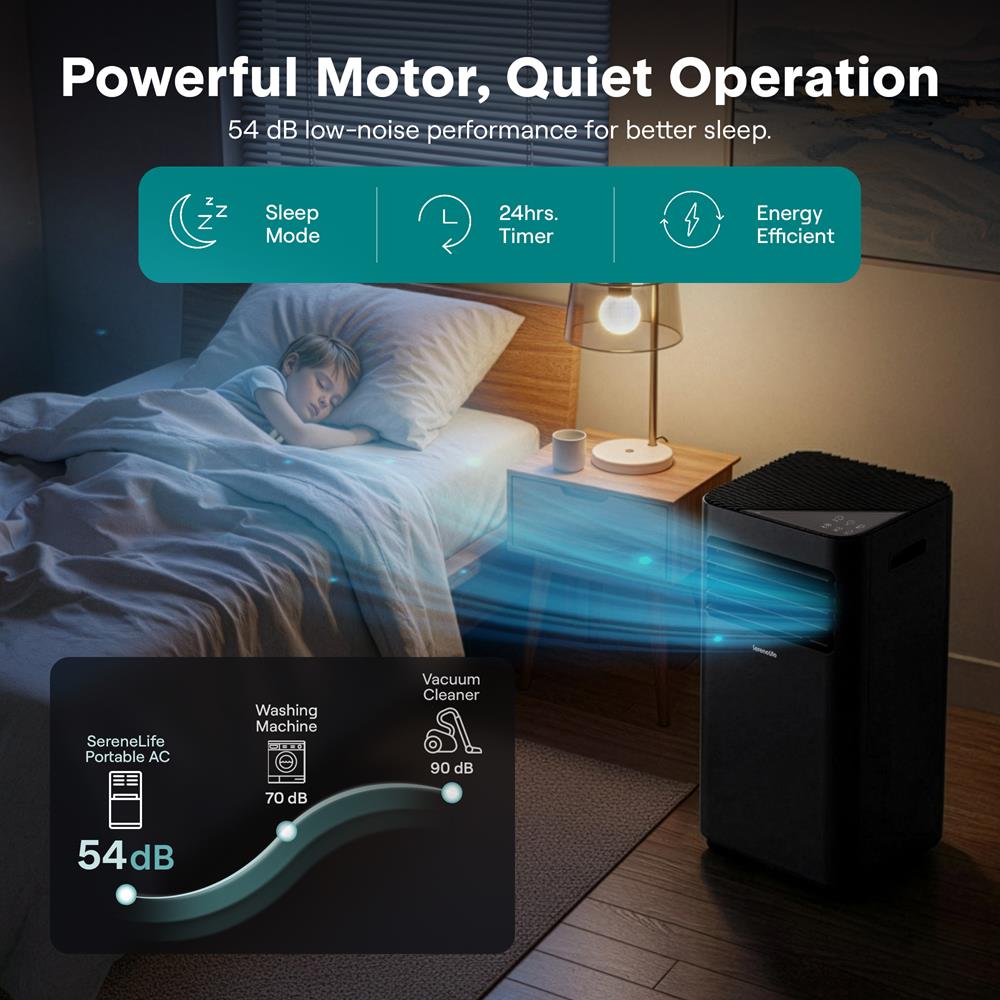 SereneLife 8000 BTU Portable Air Conditioner - 3-in-1 Portable AC Unit for Bedroom Up to 300 Sq.Ft, 24H Timer, Remote Control, Sleep Mode, Wheels, with Window Mount Kit, Black