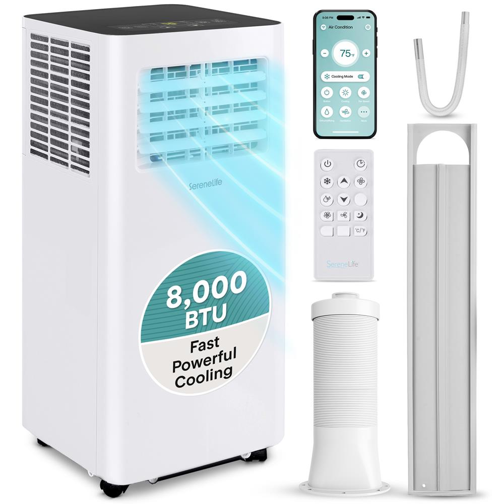 SereneLife Small Air Conditioner Portable 8,000 BTU with Built-in Dehumidifier - Portable AC unit for rooms up to 350 sq ft - WiFi app + Remote Control, Window Mount Exhaust Kit