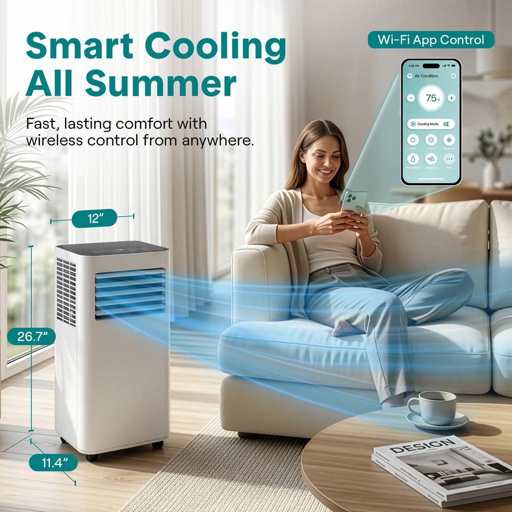 SereneLife Small Air Conditioner Portable 8,000 BTU with Built-in Dehumidifier - Portable AC unit for rooms up to 350 sq ft - WiFi app + Remote Control, Window Mount Exhaust Kit